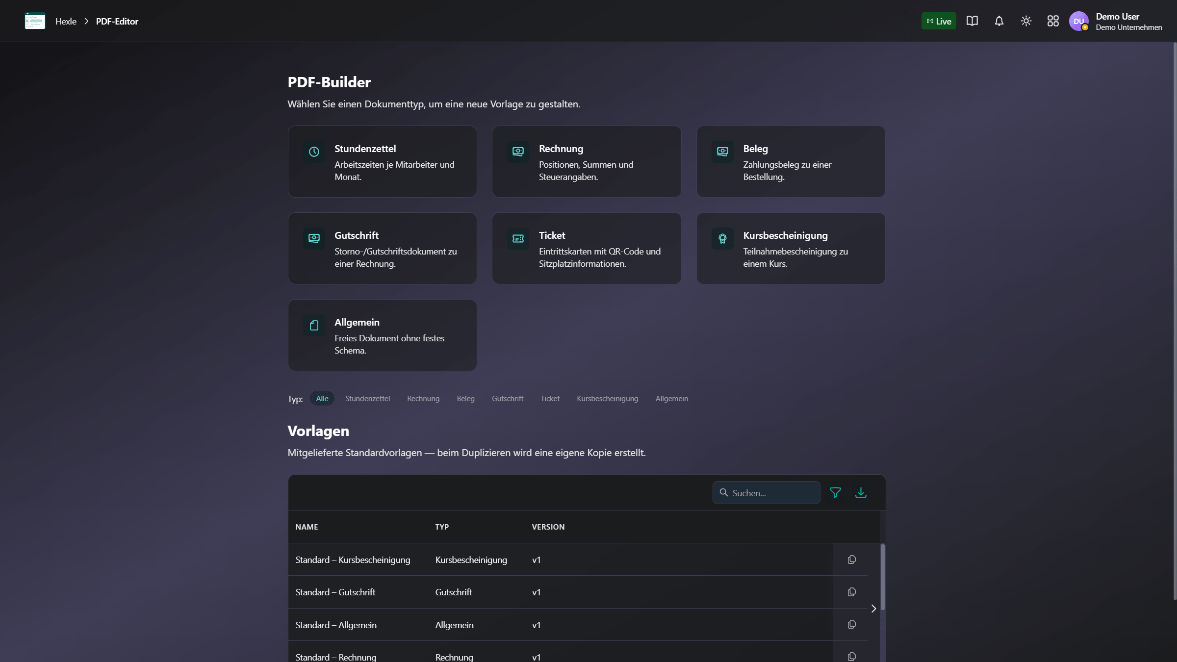 Auswahl einer leeren Rechnung im PDF-Builder