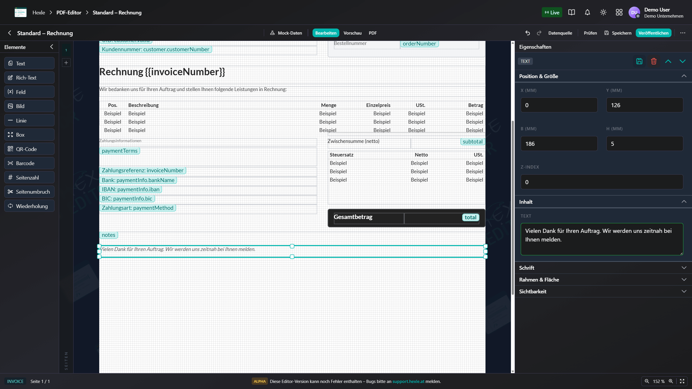 Bearbeitung der Texte und Felder im Editor