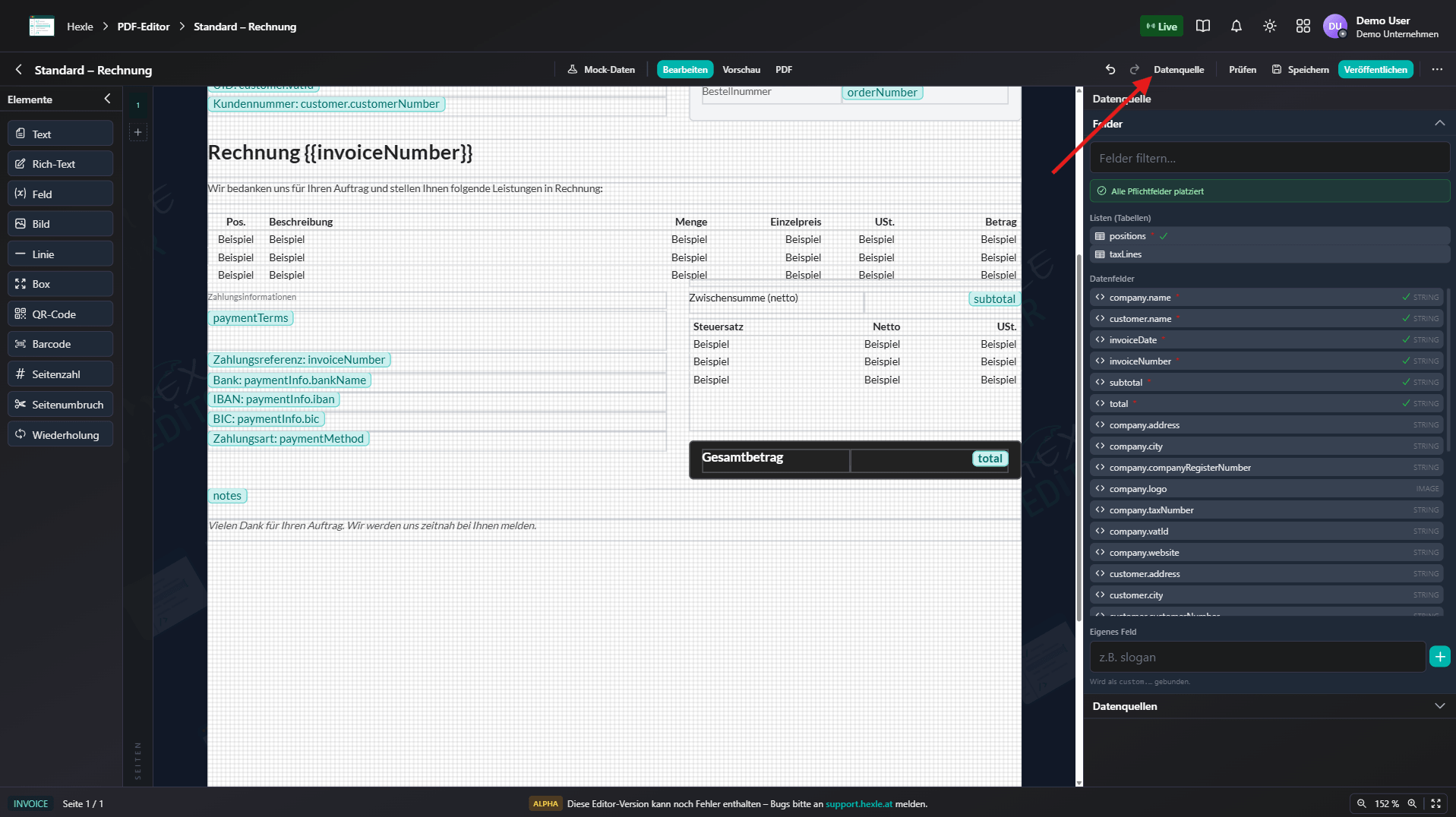 Datenquelle mit den verfügbaren Feldern