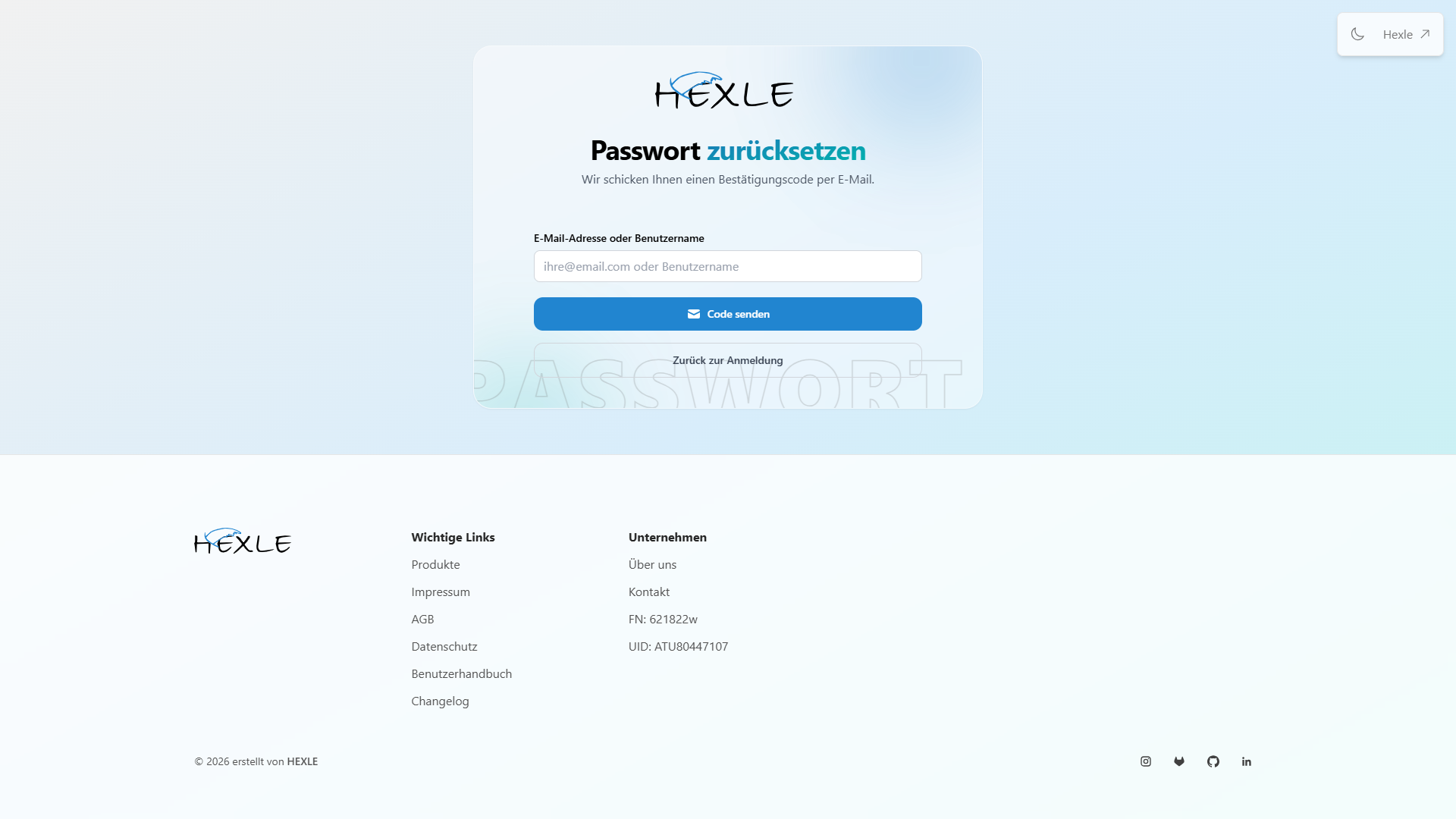 SCREENSHOT: Formular zur Eingabe der E-Mail-Adresse bzw. des Benutzernamens
