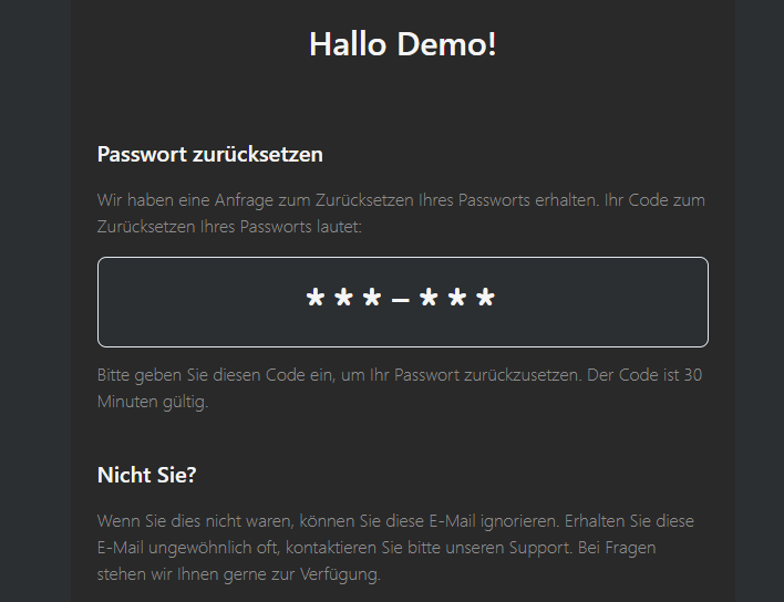 SCREENSHOT: E-Mail mit dem Reset-Code