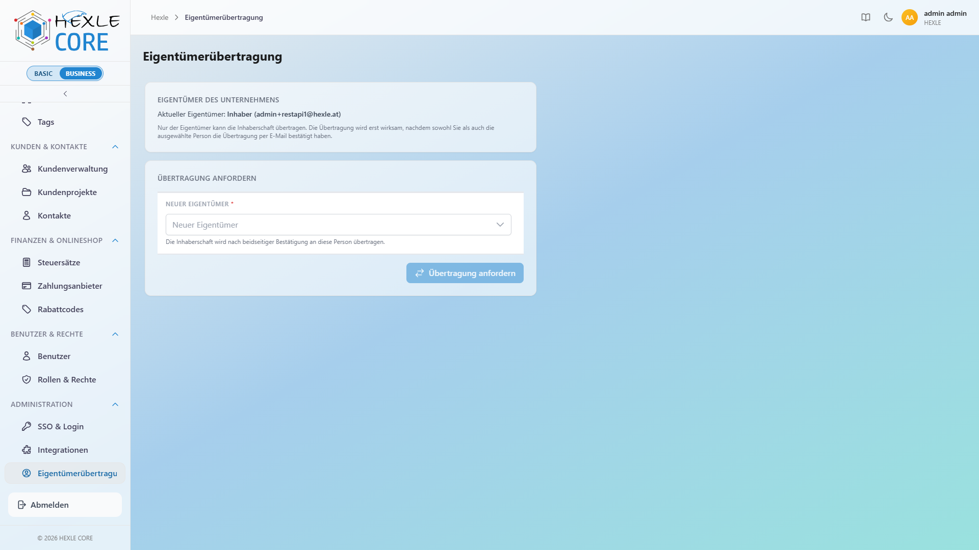 SCREENSHOT: Einstiegsseite zur Inhaberschaftsübertragung