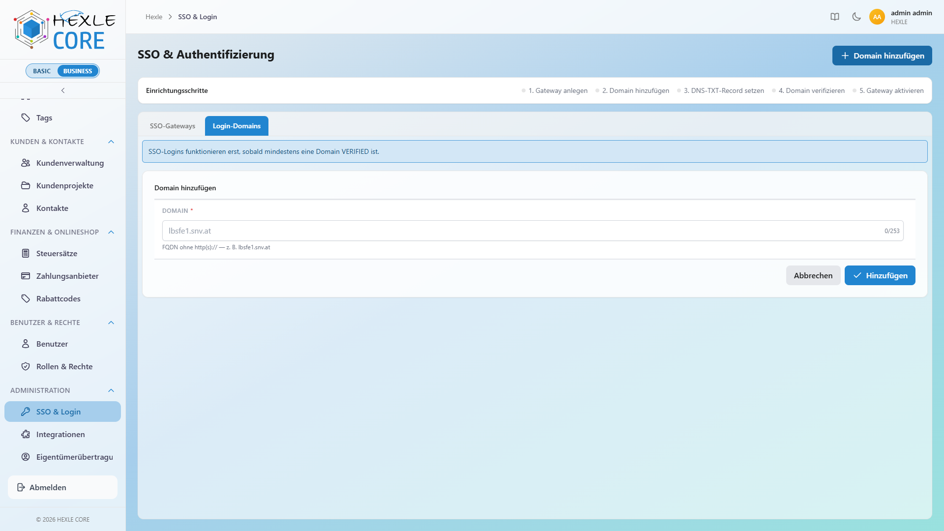 SCREENSHOT: Eingabe der Login-Domain