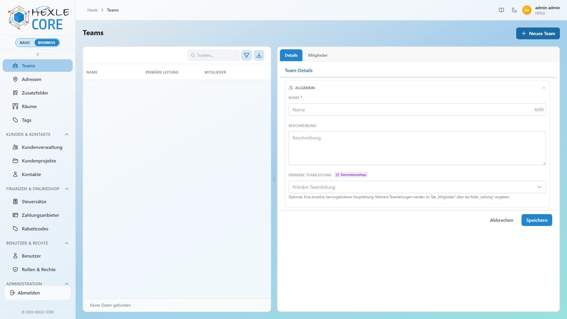 SCREENSHOT: Formular mit Name, Beschreibung und Teamleitung