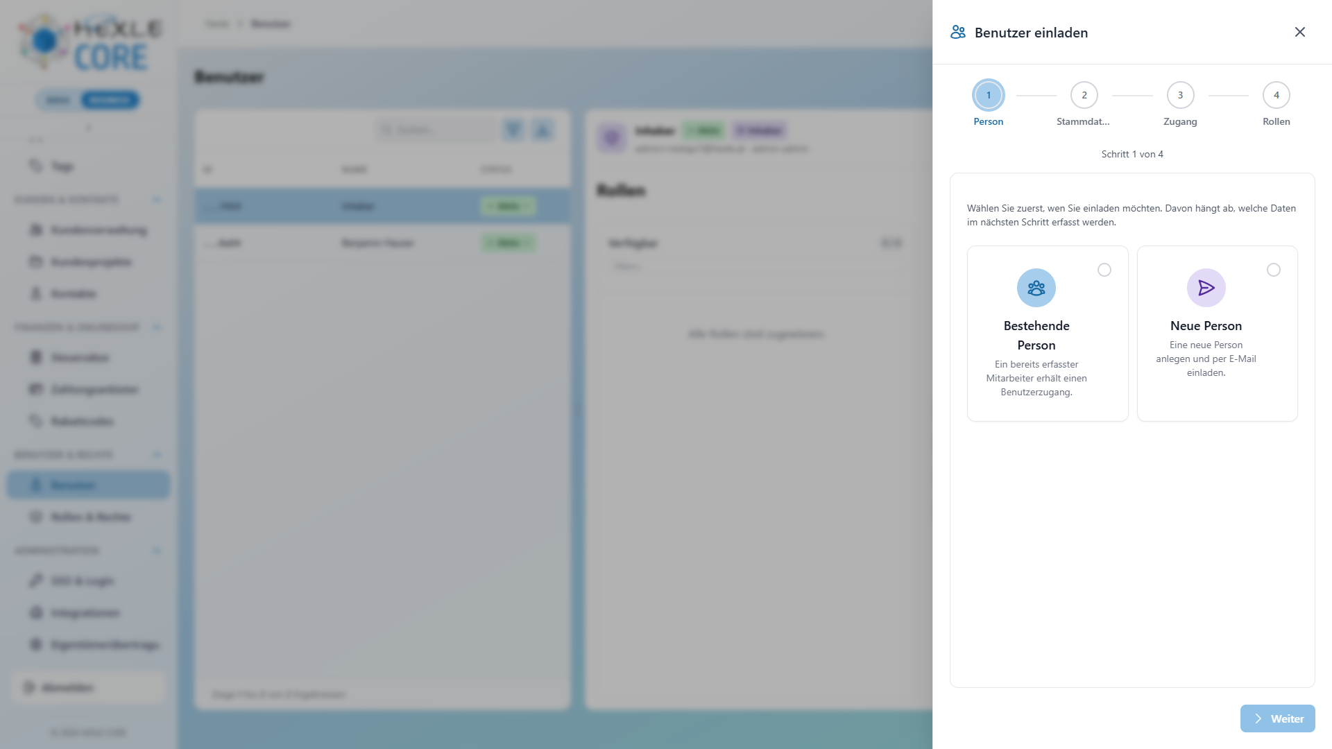 SCREENSHOT: Formular zum Einladen mit E-Mail und Stammdaten