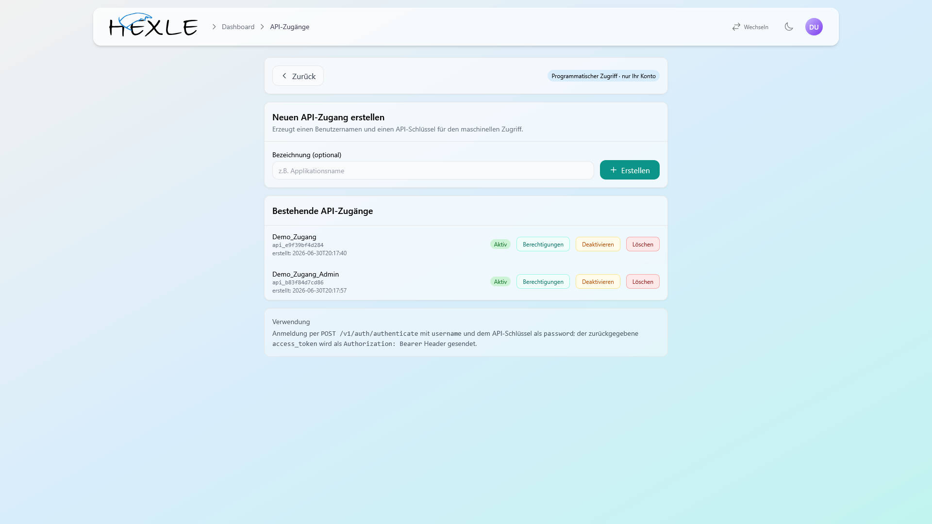 SCREENSHOT: Übersicht der bestehenden API-Zugänge