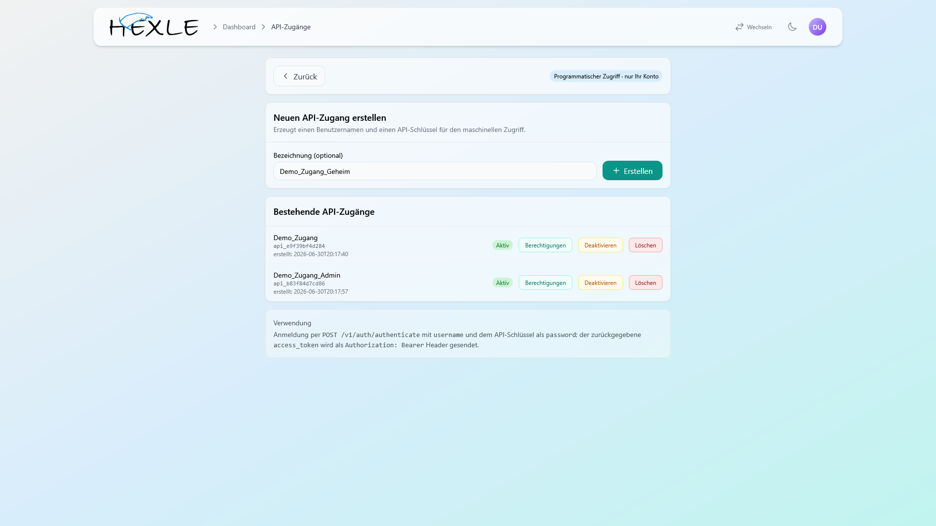 SCREENSHOT: Formular zur Erstellung eines API-Zugangs