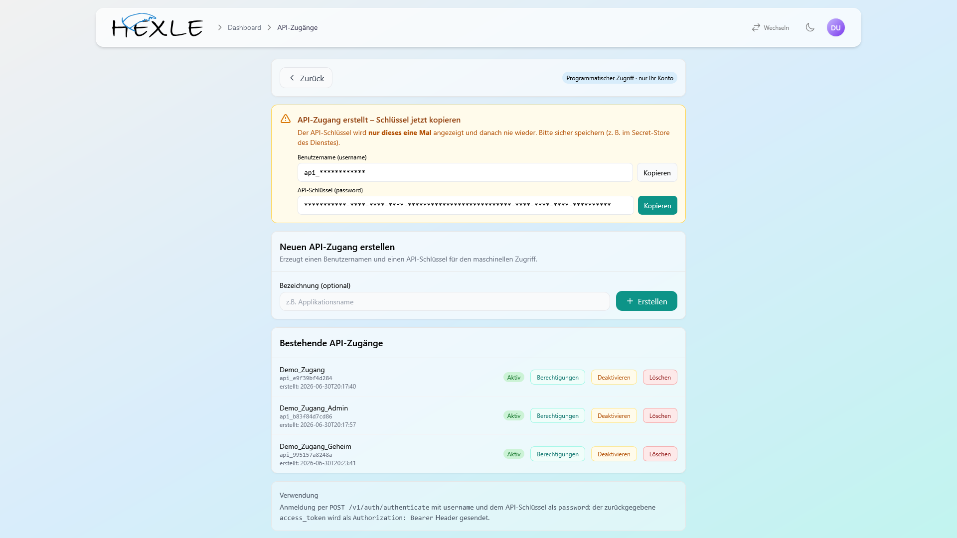 SCREENSHOT: Einmalige Anzeige des API-Schlüssels nach der Erstellung