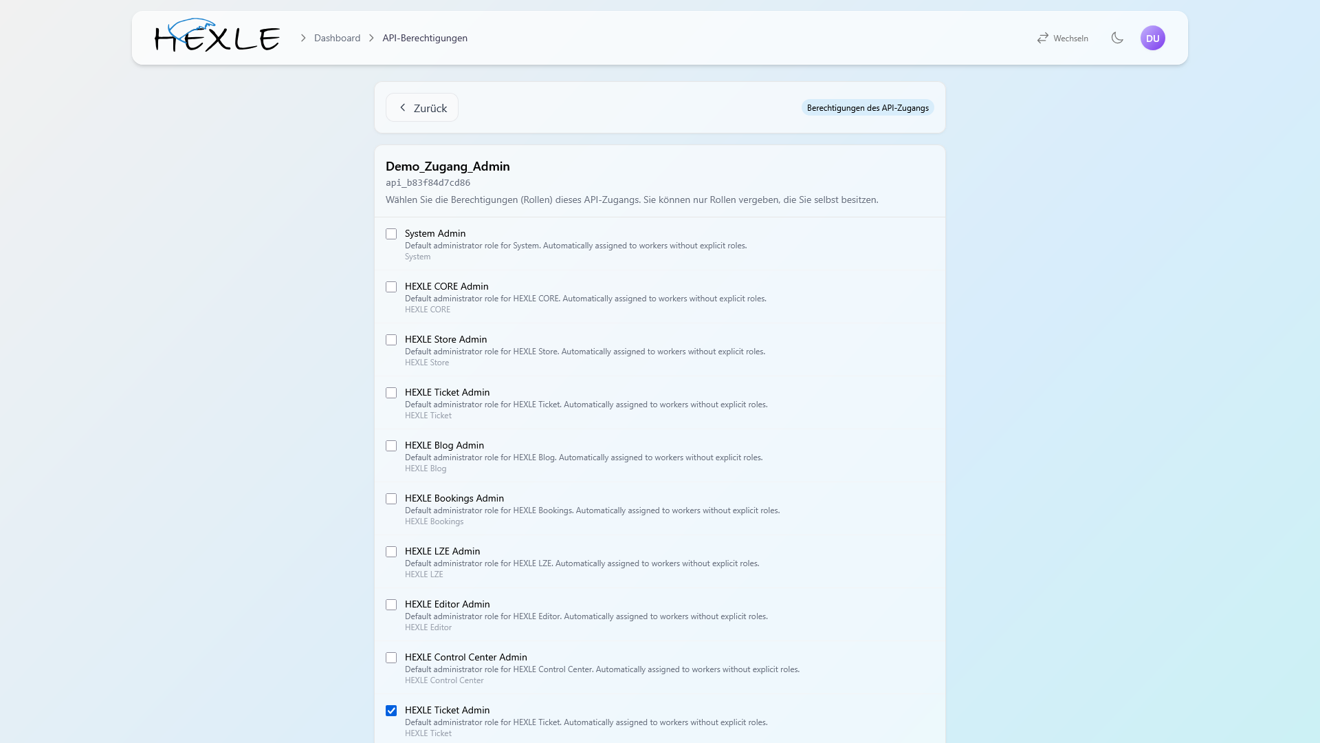 SCREENSHOT: Aufruf der Rollen-Verwaltung eines API-Zugangs