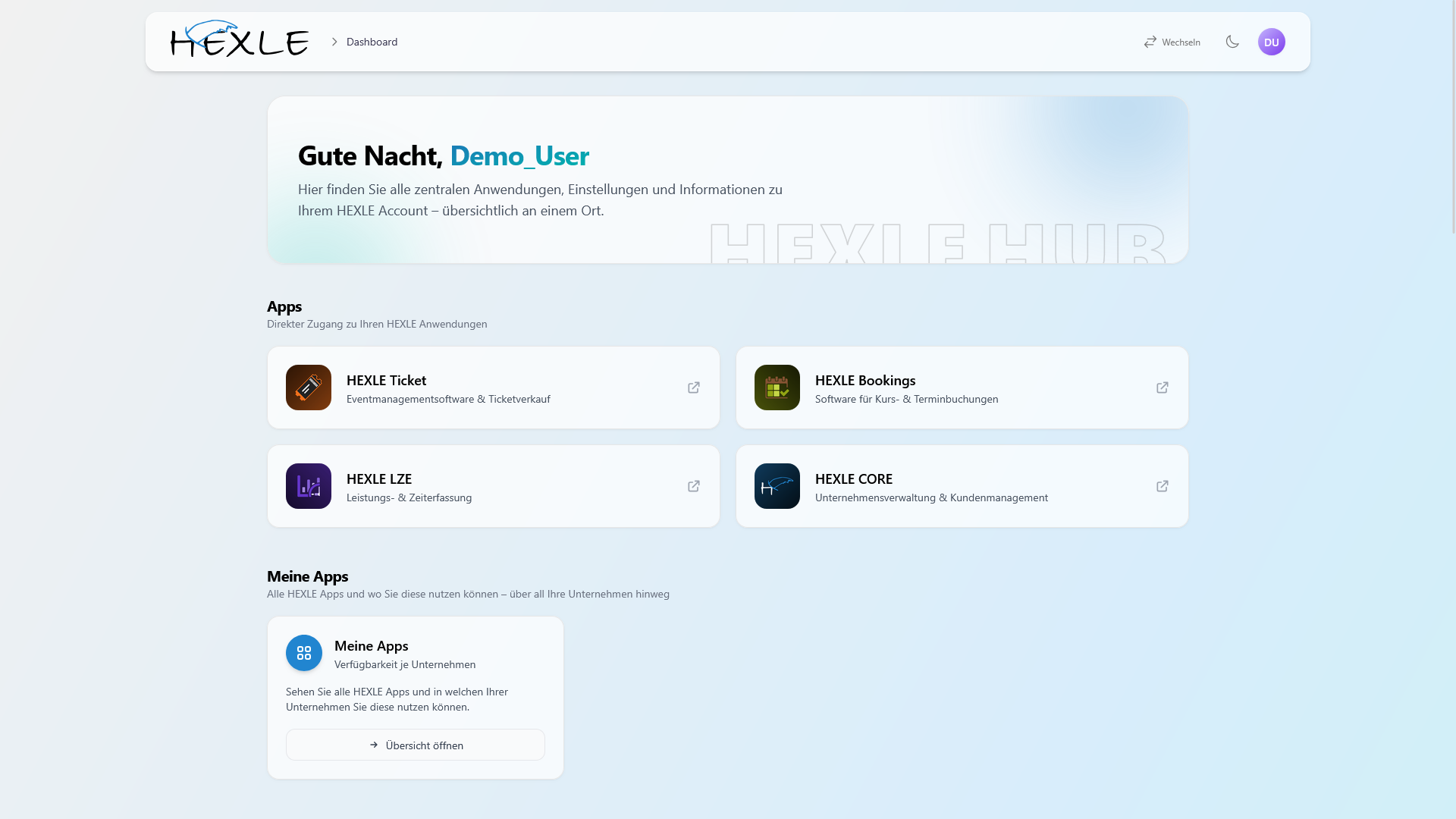 SCREENSHOT: HEXLE HUB Dashboard mit App-Kacheln