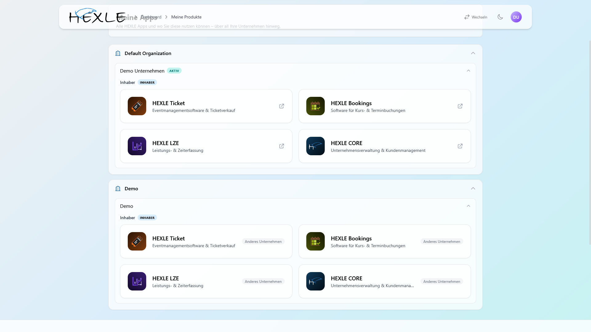SCREENSHOT: Übersicht Meine Produkte mit Gruppierung nach Organisation und Unternehmen